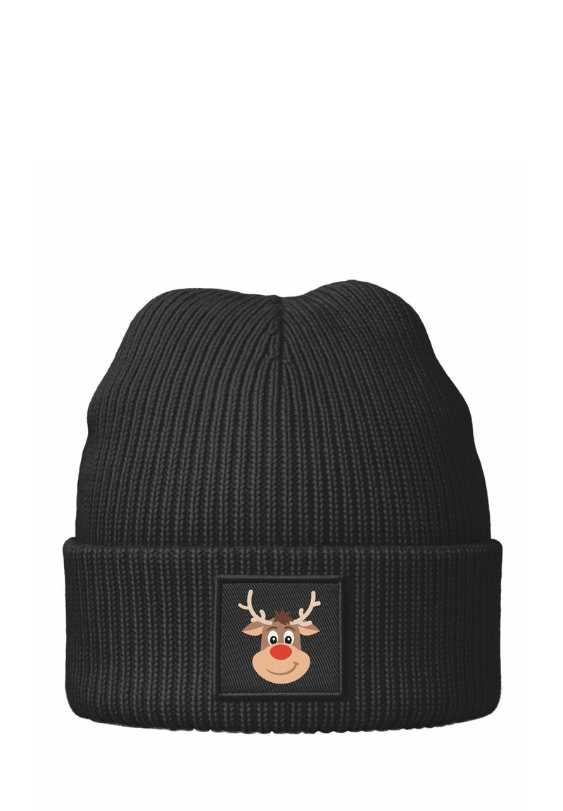 Black knitted beanie with ribbed texture, featuring a square patch with a cartoon reindeer face, including antlers and a red nose.