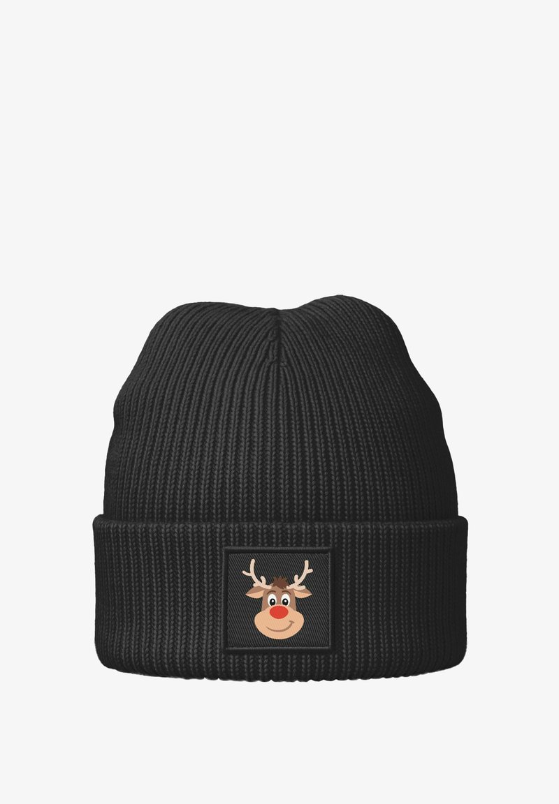 Black knitted beanie with ribbed texture, featuring a square patch with a cartoon reindeer face, including antlers and a red nose.