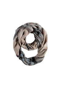 Écharpe infinity beige à motif tartan fabriquée en tissu doux, comportant un mélange de couleurs marron, bleu et beige dans un motif à carreaux.