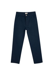 Pantalons en coton bleu marine avec une coupe droite, dotés de deux poches avant et d'une fermeture à bouton à la taille.