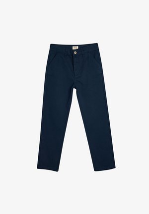 Pantalons en coton bleu marine avec une coupe droite, dotés de deux poches avant et d'une fermeture à bouton à la taille.