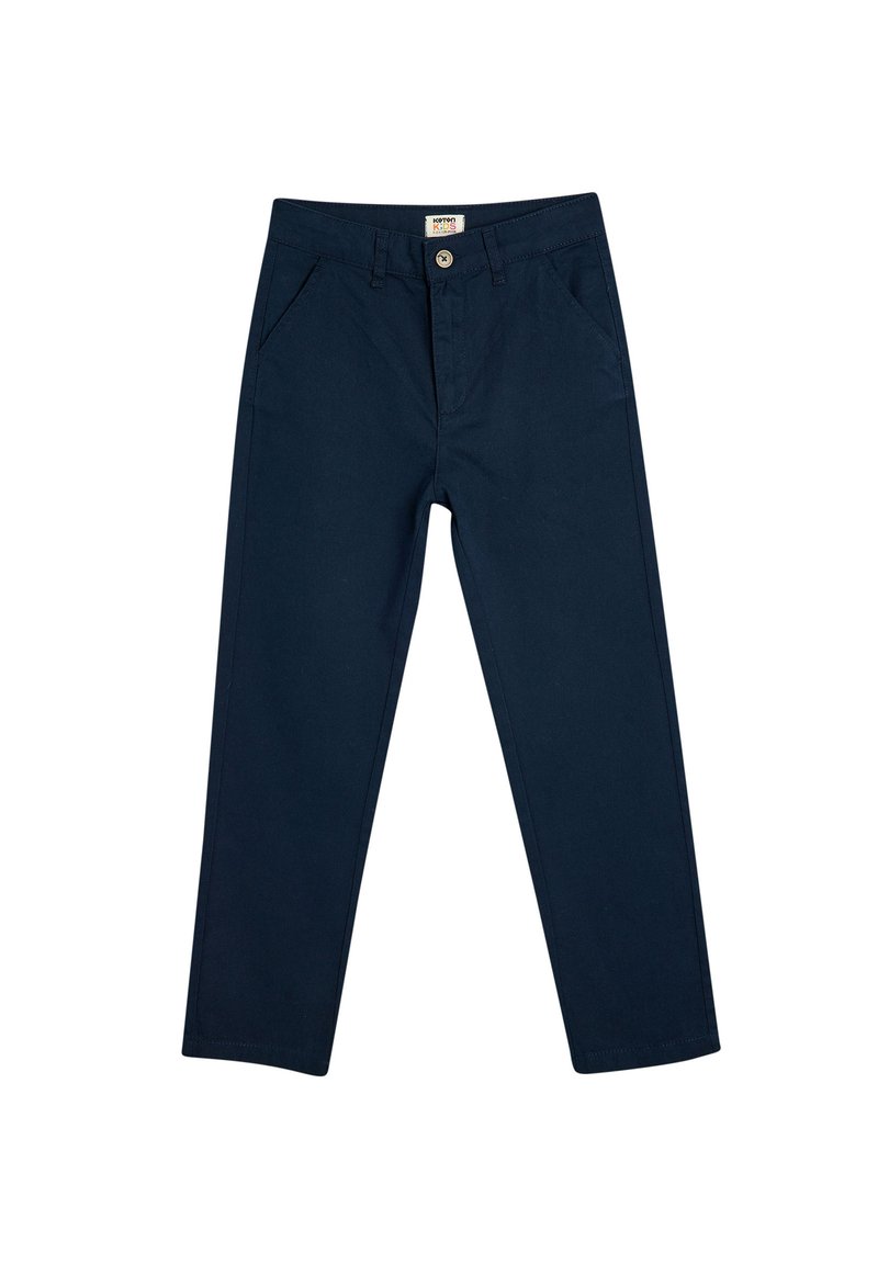 Pantalons en coton bleu marine avec une coupe droite, dotés de deux poches avant et d'une fermeture à bouton à la taille.