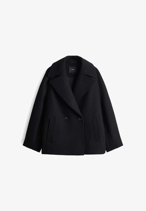 Dubbelzijdig zwarte wollen jas met grote revers, twee voorkepers en knoopsluitingen. Zachte textuur met een gestructureerde uitstraling.