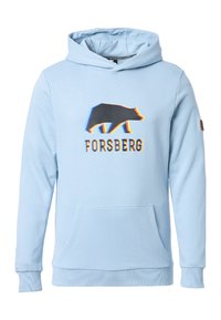 Felpa leggera blu con una tasca a kangaroo frontale; presenta una grafica di un orso e il testo "FORSBERG" in stampa multicolore sul petto. Tessuto morbido.