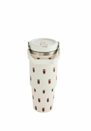 White travel mug with a handle and lid, decorated with small brown highland cow illustrations evenly spaced on its surface.