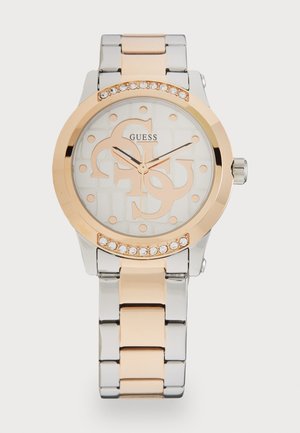 Orologio in argento e oro rosa con cassa rotonda, dettagli in cristallo, quadrante decorato e bracciale a maglie con colori metallici alternativi.