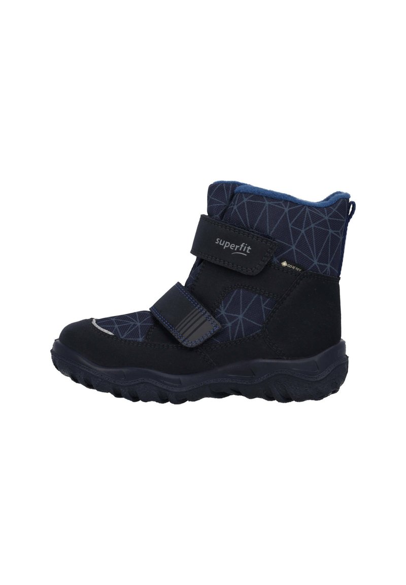 Stivale invernale navy blu per bambini con motivo geometrico, due cinturini in velcro e suola spessa e robusta per uso all'aperto.