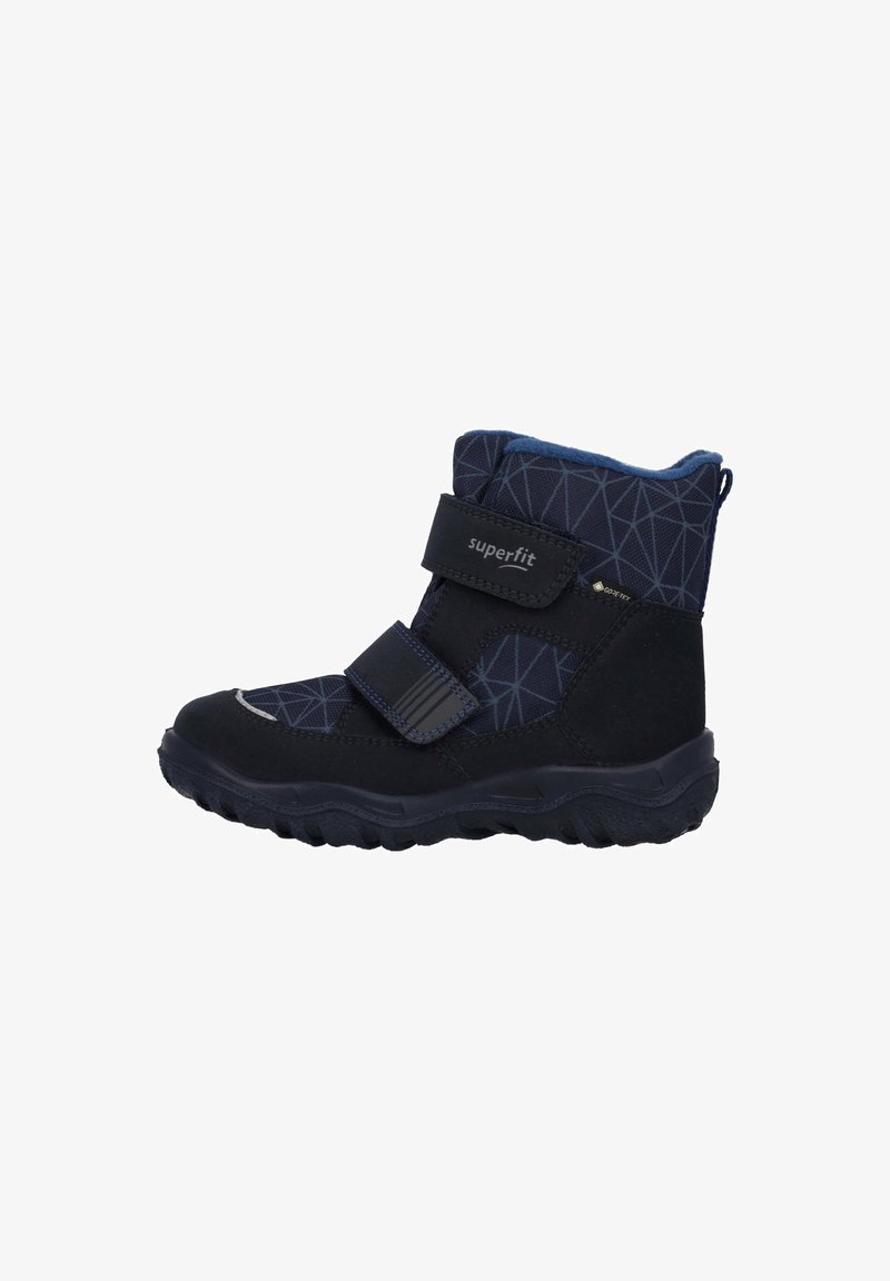 Botas de invierno para niños en azul marino con patrón geométrico, dos correas de Velcro y suela gruesa y resistente para uso al aire libre.