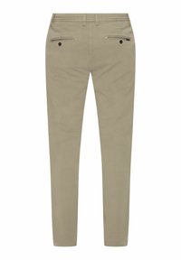 Beige cotton trousers with a slim fit, featuring two back pockets with button closures and stitched detailing along the waistband and pockets.