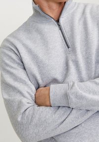Pullover gris con cremallera y cuello alto. Tela suave, puños acanalados y corte ajustado. Costuras y detalles mínimos para una apariencia limpia.