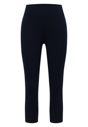 Leggings noirs courts taille haute avec une large ceinture, conçus pour un usage sportif ou décontracté.