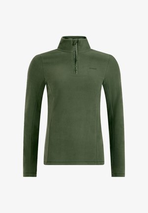 Donkergroen fleecetop met lange mouwen, kwart rits en opstaande kraag, met subtiele "protest" logo op de borst en ritsflap.