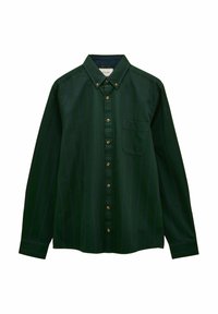 Dunkelgrünes Langarmhemd mit Knopfleiste, dünnen marineblauen vertikalen Streifen, umgelegtem Kragen, Brusttasche und Holzknöpfen.