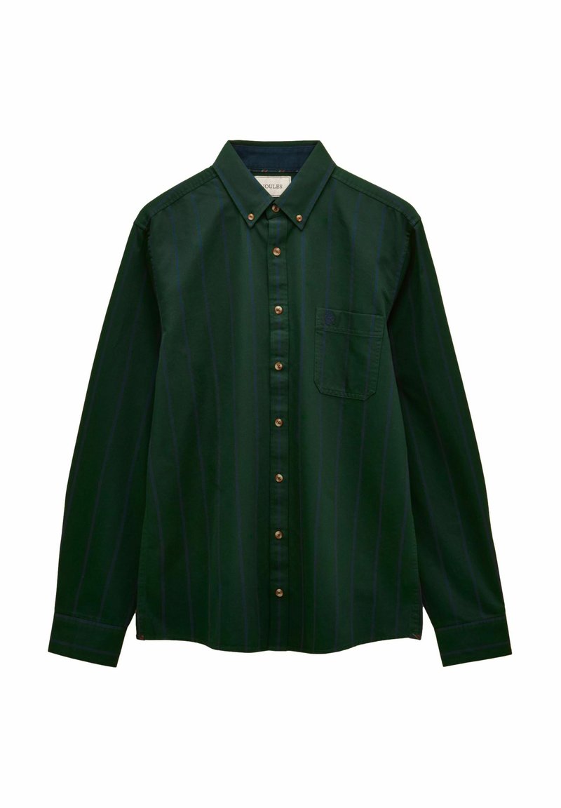 Dunkelgrünes Langarmhemd mit Knopfleiste, dünnen marineblauen vertikalen Streifen, umgelegtem Kragen, Brusttasche und Holzknöpfen.