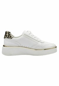 White sneaker with textured leather, gold accent along the sole, and a leopard print detail on the heel. Flat sole for stability.