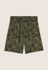 Pantalones cortos con estampado de rayas de tigre en verde y negro, con cintura elástica, hechos de un material ligero, con un ajuste relajado y pliegues.