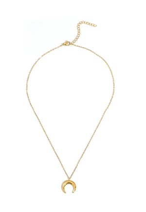 Delicate gold chain necklace with adjustable clasp and crescent moon-shaped pendant on a white background.