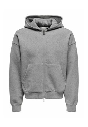 Sweat à capuche gris uni avec fermeture éclair, poches avant et cordon de serrage à la capuche, présenté sur fond blanc.