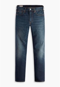 Jeans de denim en azul oscuro con un ligero desgaste, que cuentan con cinco bolsillos, cierre con botón metálico y detalles en hilo naranja. Diseño de pierna recta.