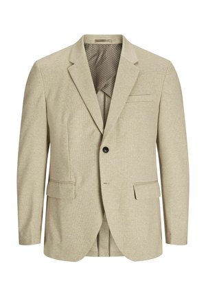  Lichtbeige blazer van een geweven stof, met een enkele zwarte knoopsluiting, twee vo pockets aan de voorkant en een subtiele patroonvoering aan de binnenkant.