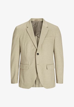 Light beige blazer with a textured fabric, single black button closure, two front pockets, and a subtle patterned lining inside.