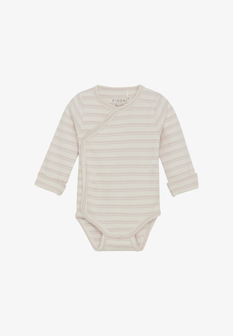 Cremfarbener Langarm-Babykombinationsanzug mit subtilen horizontalen Streifen, Druckknöpfen und einem Wickeldesign. Weicher Stoff mit enganliegenden Bündchen.