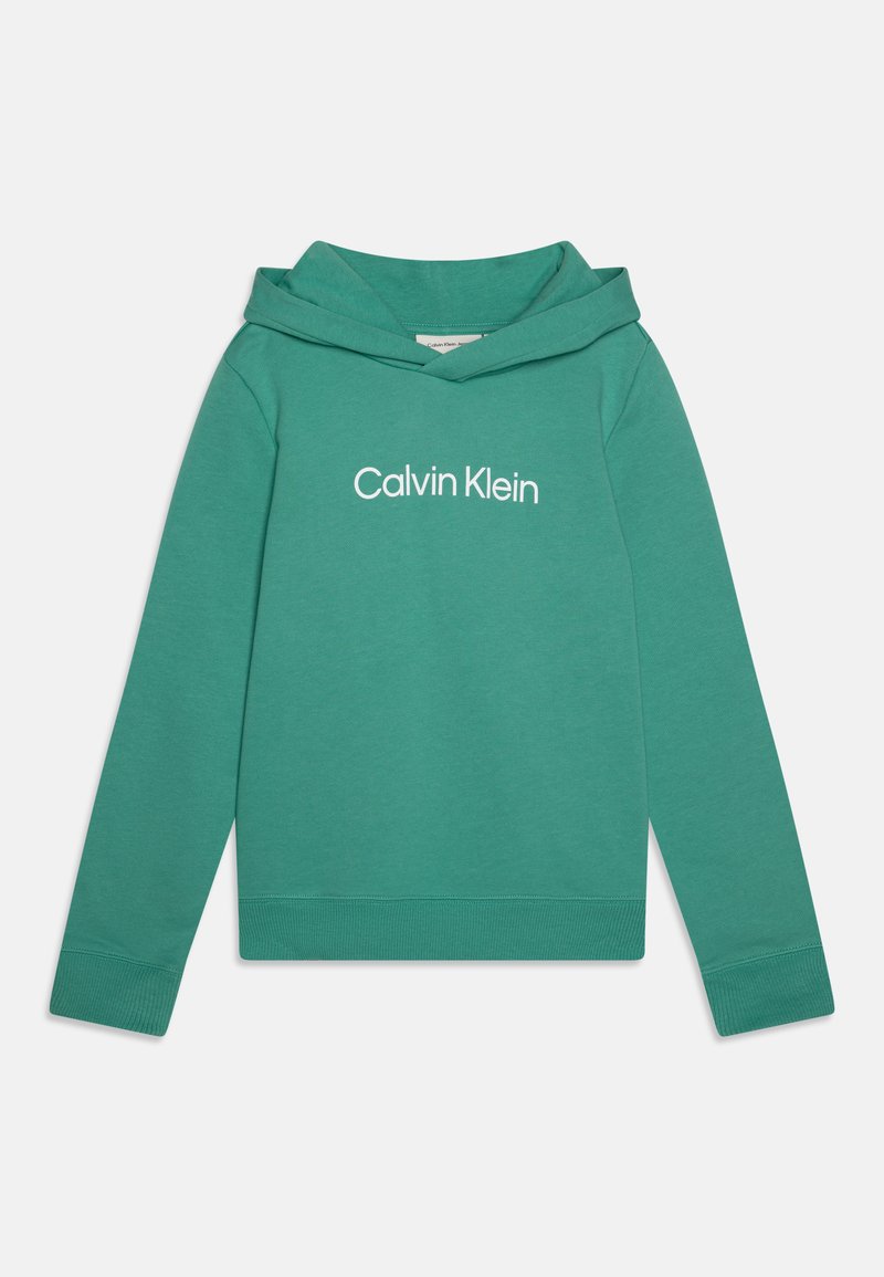 Sweatshirt verde feito de tecido macio, com um bolso frontal e o logótipo "Calvin Klein" em branco, com um ajuste descontraído e punhos canelados.