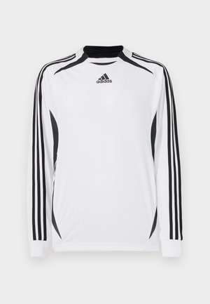 Weißes langärmliges Adidas-Sportshirt mit schwarzen drei Streifen auf den Ärmeln und schwarzem Logo auf der Brust, mit schwarzen Mesh-Seiten- und Schulterpaneelen.