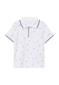 Polo en coton blanc avec un col bleu et de petits motifs de ballons de football bleus sur l'ensemble du tissu. Manches courtes, coupe décontractée.