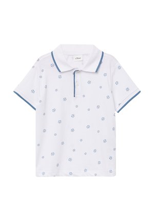 Witte katoenen polo shirt met een blauwe kraag en kleine blauwe voetbalkoepelpatronen over de stof. Korte mouwen, ontspannen pasvorm.