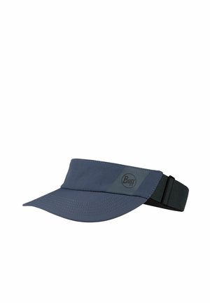 Marineblaues Sportvisier mit gebogenem Schild, verstellbarem schwarzem Riemen und „Buff“-Logo auf der Vorderseite.