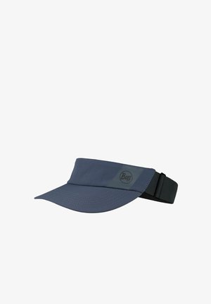 Marineblaues Sportvisier mit gebogenem Schild, verstellbarem schwarzem Riemen und „Buff“-Logo auf der Vorderseite.