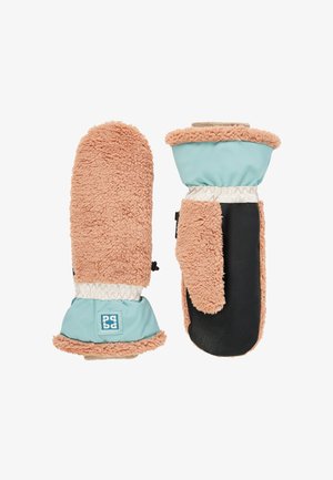 Pair of mittens with light blue, beige fuzzy fabric and black palm, elastic wrist, and a small logo patch on one cuff.