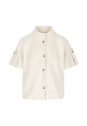 Kreemikas lühikeste varrukatega kudumitega kardigan kõrge kaelusega, ees nupud ja igal varrukal nööbitavad lupid.