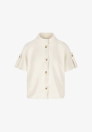 Kreemikas lühikeste varrukatega kudumitega kardigan kõrge kaelusega, ees nupud ja igal varrukal nööbitavad lupid.