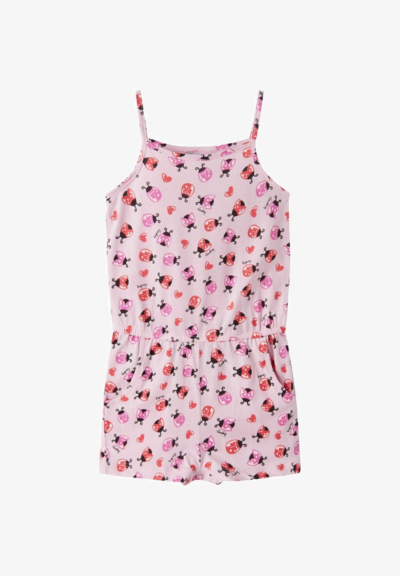 Combinaison sans manches rose avec motifs de coccinelles rouges et roses et cœurs rouges, taille élastique et jambes courtes pour enfant.