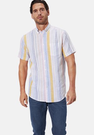 Kurzärmliges Hemd mit Knöpfen und mehrfarbigen vertikalen Streifen in Pink, Gelb, Blau und Weiß. Hergestellt aus leichtem Stoff, mit Kragen.