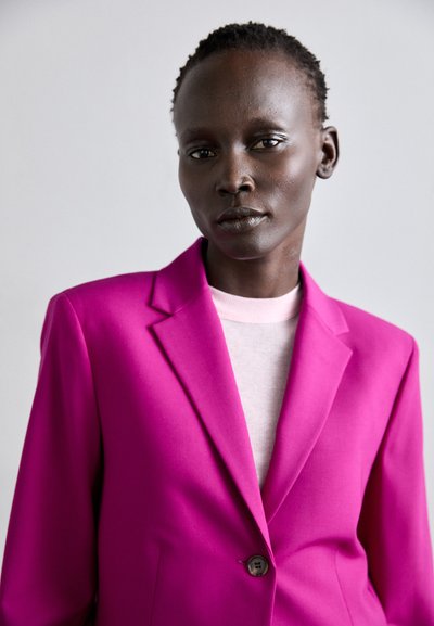 Fuksiaroosa bleiser ühes nupuga ja tavalise kraega, mille all on kerge roosa kampsun. Sile tekstuur ja sobiv lõige.