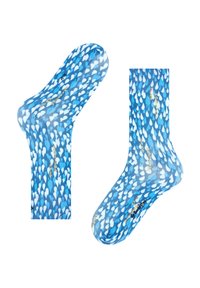Chaussettes légères bleues avec un motif en forme de goutte. Fabriquées en matériau lisse, elles comportent une inscription dorée indiquant « Super Positive ».