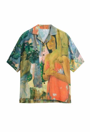 Kurzärmeliges Hemd zum Knöpfen mit buntem Druck von stehenden Frauen, Bäumen und Pflanzen in malerischem Stil.