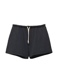 Black cotton shorts with an elastic waistband and adjustable drawstring. Features a simple design, smooth texture, and leg openings.