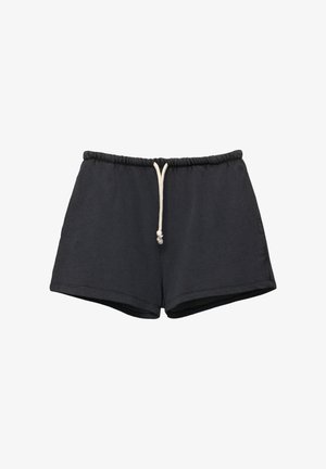 Schwarze Baumwollshorts mit elastischem Bund und verstellbarem Kordelzug. Sie verfügen über ein schlichtes Design, eine glatte Textur und Beinschlitze.