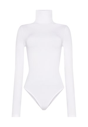 Hvid langærmet bodystocking med høj hals, lavet af glat stof; har en tætsiddende silhuet og en trang bunddesign.
