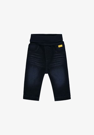 Granatowe dżinsowe spodnie dla niemowląt z miękkim elastycznym paskiem w talii, z dwoma przednimi kieszeniami i małą żółtą metką z logo z tyłu.