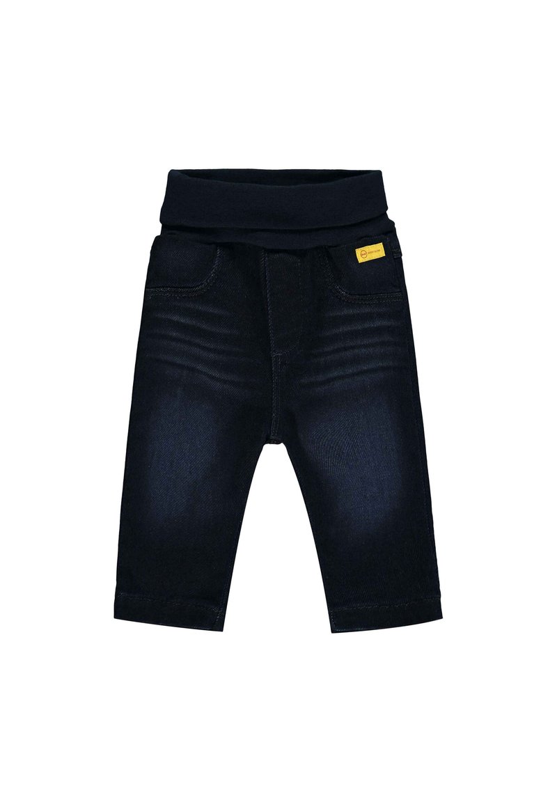 Mörkblå denimbabyjeans med mjukt elastiskt midjeband, med två framfickor och en liten gul logotagg bak.
