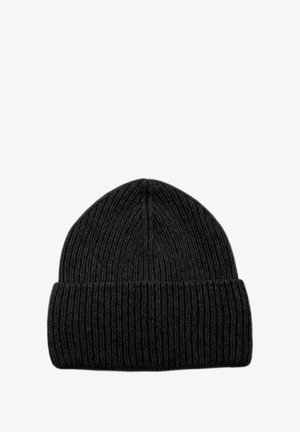 Black knit beanie with a ribbed texture and a folded cuff at the bottom. Made from soft material, it has a seamless rounded top design.
