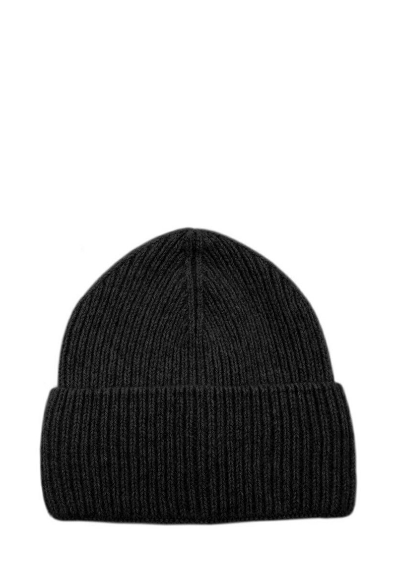 Black knit beanie with a ribbed texture and a folded cuff at the bottom. Made from soft material, it has a seamless rounded top design.