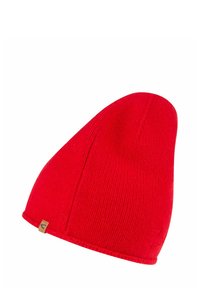 Rød strikket hue med et sømløst design og spids top. Har et lille mærke syet på siden. Blød tekstur.
