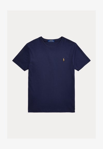 T-shirt bleu marine à manches courtes et col rond avec petit logo jaune Polo Ralph Lauren brodé sur la poitrine gauche.