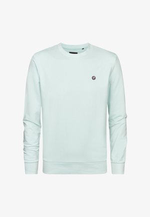 Hanorac de culoare teal deschis, cu mâneci lungi, guler rotund, manșete și tiv striate, logo mic rotund pe piept, textură netedă a țesăturii.